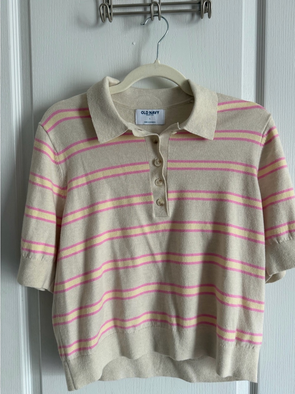 Old Navy Cream sweater with Pink stripes V-neck Polo